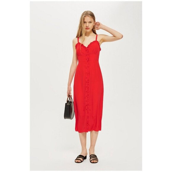 TopShop Red Button Down Ruffle Trim Dress Travel Vacation Womens Sz 2 NWOT - Picture 8 of 8